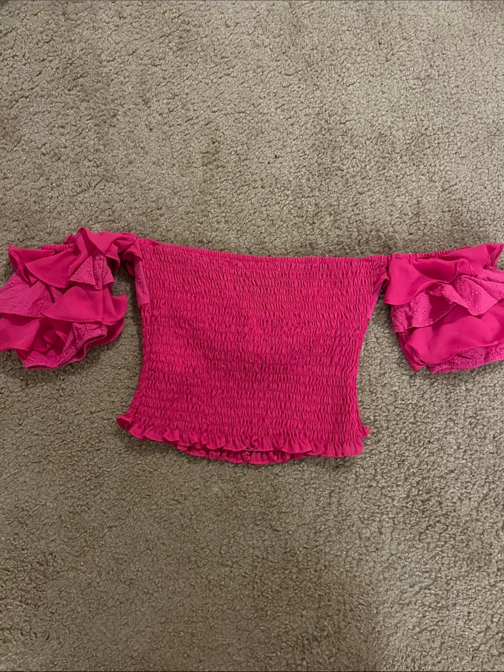 Ruffled Off-Shoulder Smocked Crop Top - Hot Pink - Picture 2 of 3